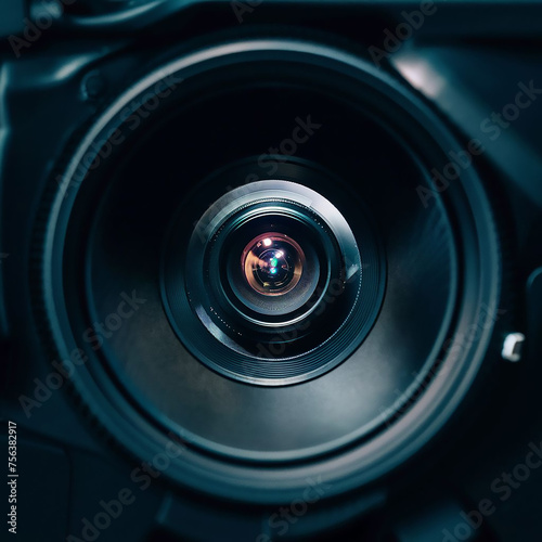 Video camera lens close up. 21 to 9 aspect ratio. 