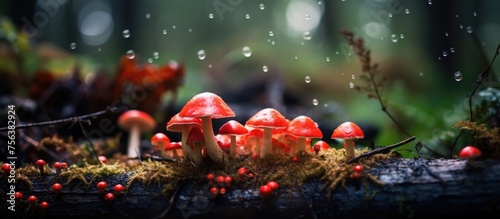 A cluster of vibrant red mushrooms is flourishing on a decaying tree stump amidst the natural landscape of the forest, providing a pop of color in the terrestrial plantfilled environment