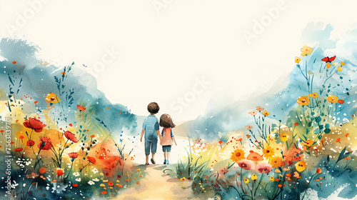Watercolor illustration of two children holding hands in a vibrant flower field, with ample space for text, ideal for themes of childhood, nature, or friendship