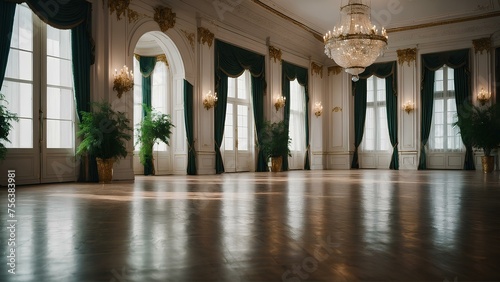 Inside an elegant ballroom, white classic ballroom, bright room, with some beautiful green trees inside the ball room, shot by canon 200mm lens,


 photo