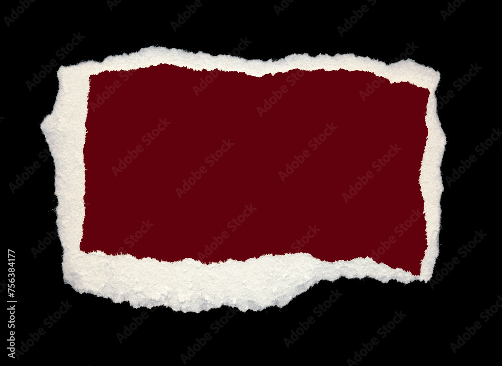 Torn piece of red paper, background for banner. Blank paper piece message, reminder, sign, tag, label. Ripped cardboard empty background. Design element. Isolated on black. Copy space, place for text