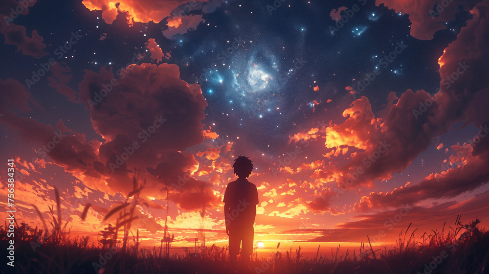 Silhouetted person standing in grass watching a dramatic sunset that transitions into a starry galaxy, representing contemplation and the vastness of the universe - space for text