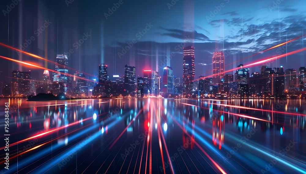 modern and majestic city views, Reflective Urban Night Scenes with futuristic Speed ​​of Light