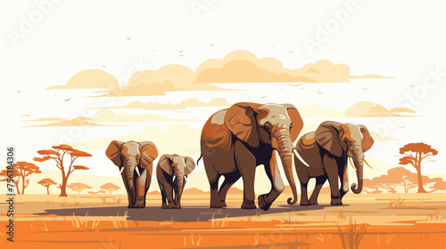 A family of elephants trekking through an arid sava photo