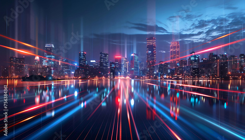 modern and majestic city views, Reflective Urban Night Scenes with futuristic Speed ​​of Light © AhmadTriwahyuutomo