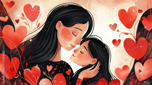 Mother embracing child with tenderness, surrounded by whimsical heart illustrations, possibly for Mother's Day, with ample space for text on a love-themed background