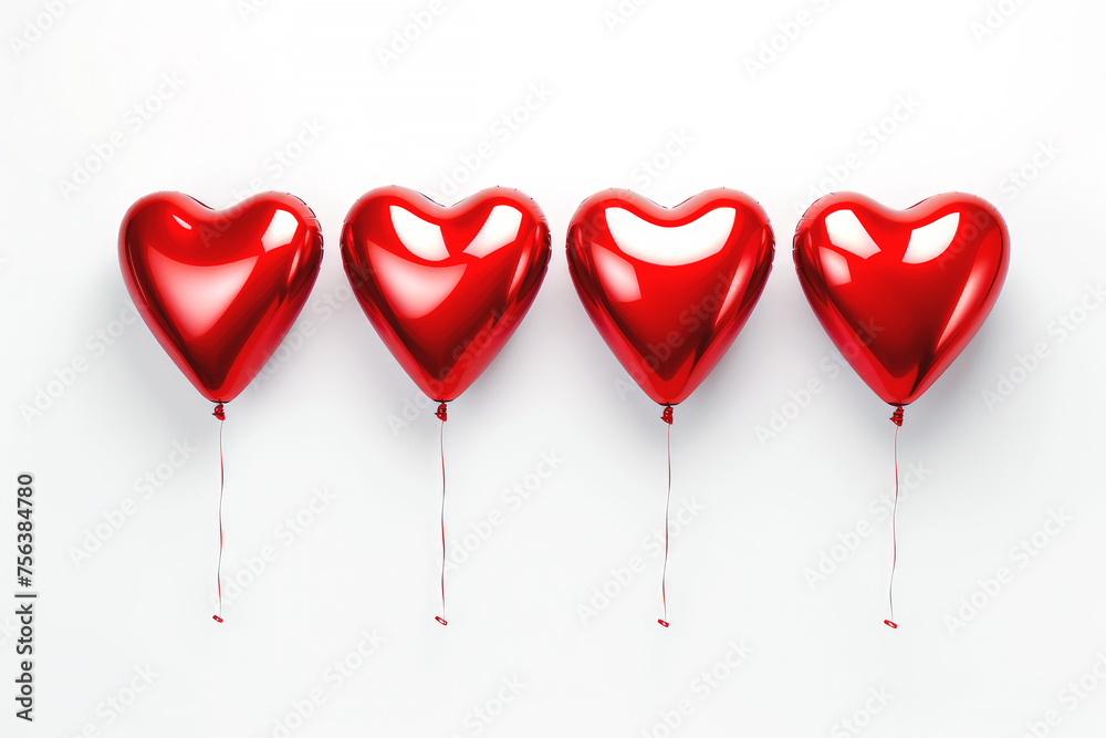 Four glossy red heart-shaped balloons on a white background. Suitable for Valentine's Day and Mother's Day decoration.