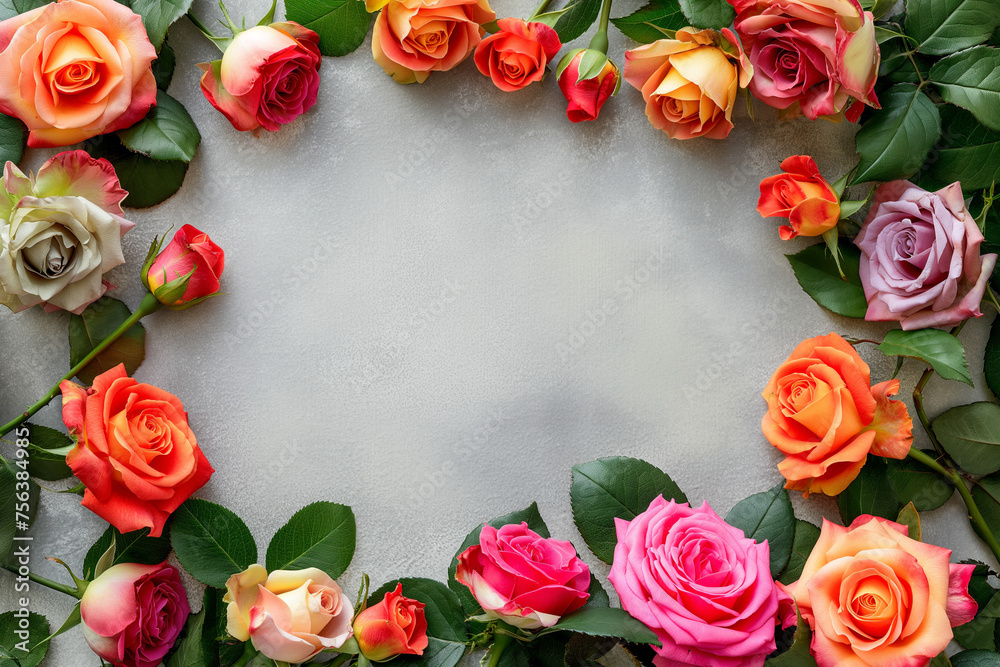 Vibrant rose frame on gray background. Multicolored roses arranged in a border on a textured gray backdrop, space for text