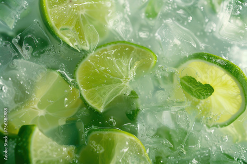 close-up, mojito cocktail with ice cubes and mint leaves, drink in a glass with a slice of lime, lemon, refreshing soda in the summer heat © yanapopovaiv