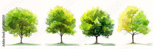 Four stylized watercolor trees in varying shades of green  representing different seasons  isolated on white background for environmental themes or seasonal designs with ample space for text