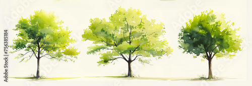 Three watercolor trees in varying shades of green spread across a panoramic soft white background  ideal for banners or environmental themes