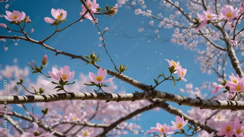 Pink almond blossoms branch in full bloom against blue sky at spring time Pink almond blossoms branch in full bloom against blue sky at spring time