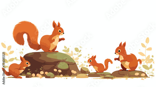 A family of red squirrels gathering and storing aco photo