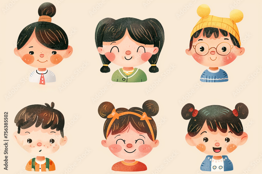 Set of six adorable and diverse cartoon children's faces with space for text, ideal for educational materials, children's media, or celebration of International Children's Day Set of six adorable and diverse cartoon children's faces with space for text, ideal for educational materials, children's media, or celebration of International Children's Day