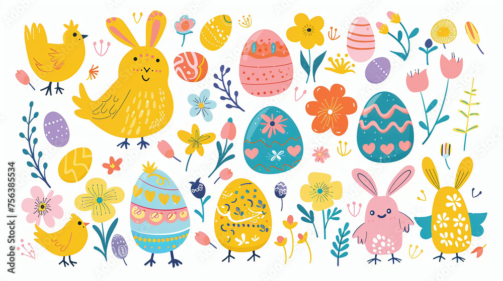 Happy Easter clip art - set of Easter cartoon characters and design elements. Easter bunny, chickens, eggs, flowers, transport. Easter icons isolated on white background.  illustration.