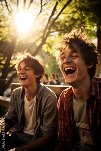 Two friends laughing in the park