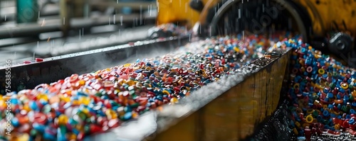 Recycled plastic pellets melt in manufacturing machine . Concept Recycled materials, Plastic industry, Manufacturing process, Sustainability initiatives