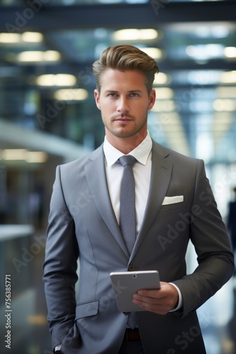 Confident Businessman in Gray Suit Holding Tablet