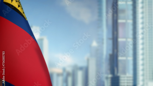 flag of Liechtenstein on modern city buildings bokeh bg for independence day - abstract 3D illustration