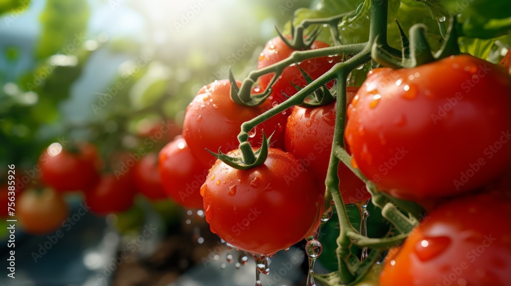 Close-up of ripe tomatoes on the vine in a greenhouse