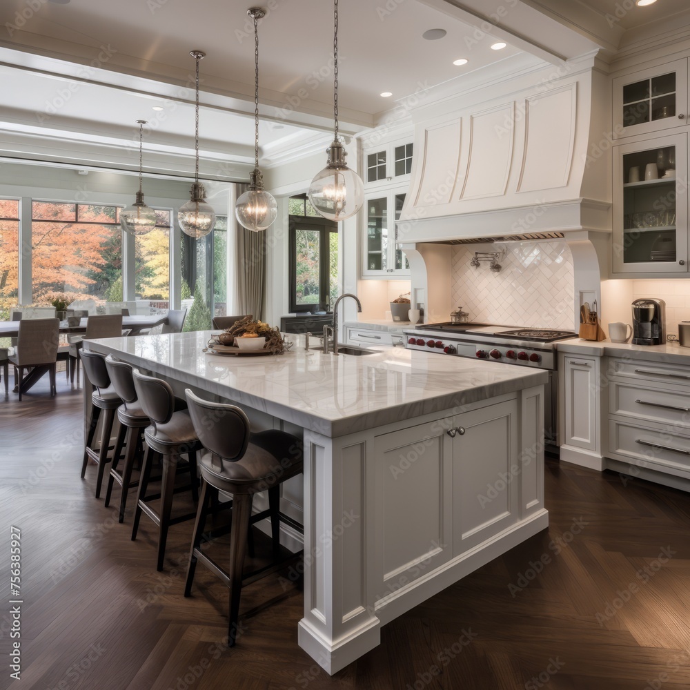 Fototapeta premium Modern kitchen island with seating and hardwood floors