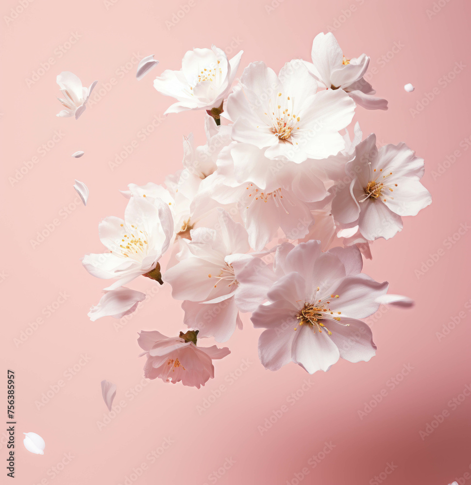 A blooming cherry blossom branch with falling petals against a pink background.Spring flower