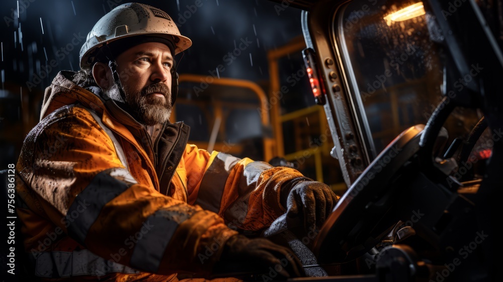 A Bearded Man in a Hard Hat is Operating Heavy Machinery in the Rain