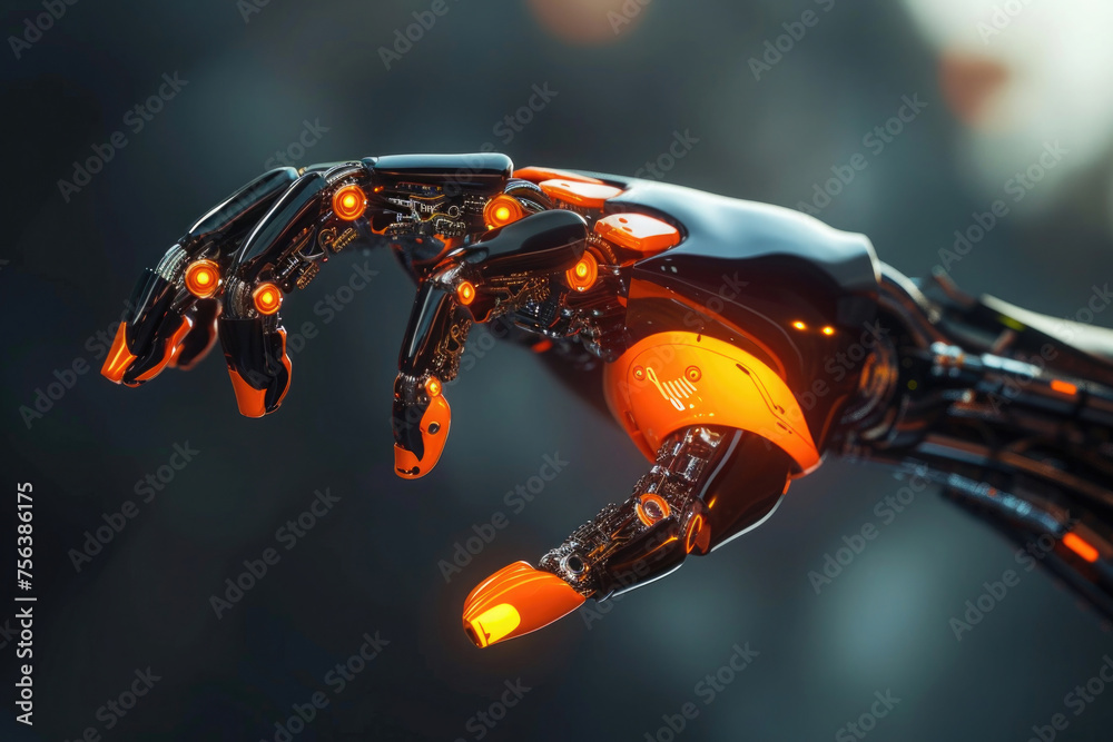 close-up, mechanical robot hand, with plastic and iron parts, splayed fingers, grab and take, orange elements, on a blurred background