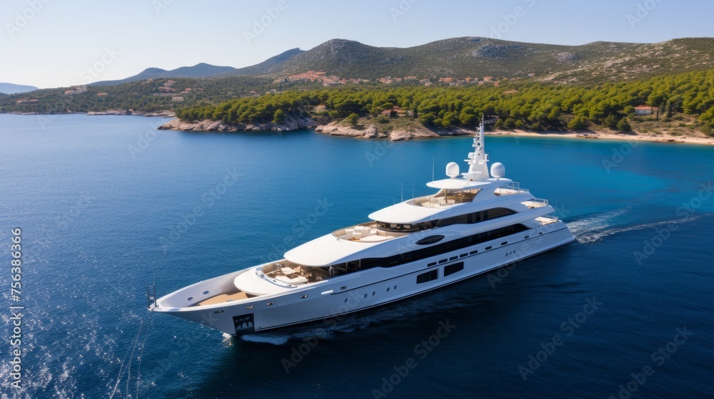 A large white luxury yacht is cruising in the blue sea with green islands and blue sky in the background
