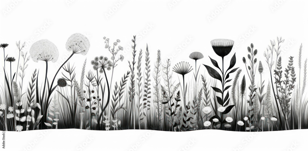 Naklejka premium A black and white illustration of a field of flowers, Wildflower line art