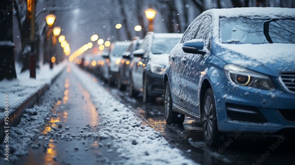 Blue car parked on snowy street at night - obrazy, fototapety, plakaty 