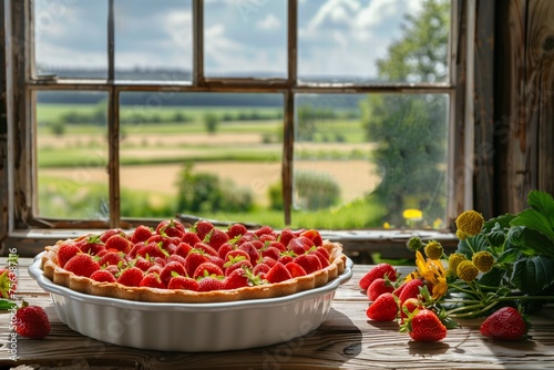 Clafoutis filled with strawberries on a table in a country house with open windows and a view of green fields. French traditional pie. Concept restaurant menu, culinary blog, social media.