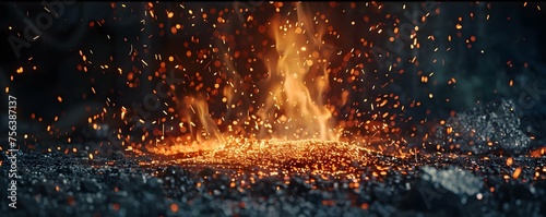 "Intense display of molten metal and sparks from nickel smelting furnace". Concept Metal smelting, Sparkling furnace, Intense heat, Molten nickel, Industrial process