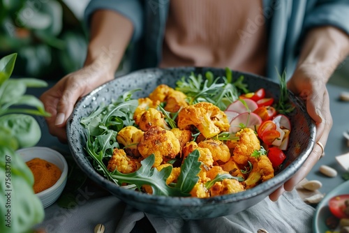 middle-aged woman holding a plate with healthy cauliflower salad with greens and vegetables. Concept healthy food, restaurant menu, culinary blog, social media. Vegetarian snack. 