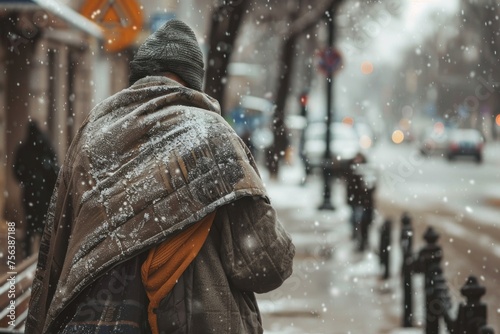 homeless man on the side of the street with a blanket on his back