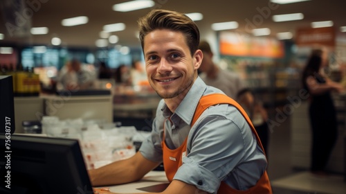 Portrait of a happy young male grocery store clerk