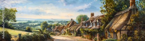 Watercolour oil painting of an old fashioned quintessential English country village in a rural landscape setting with an Elizabethan Tudor thatched cottage, panoramic stock illustration image