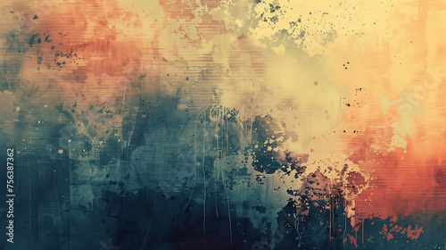 Abstract grunge background with orange and blue tones, paint splatters, and texture, ideal for creative designs and space for text
