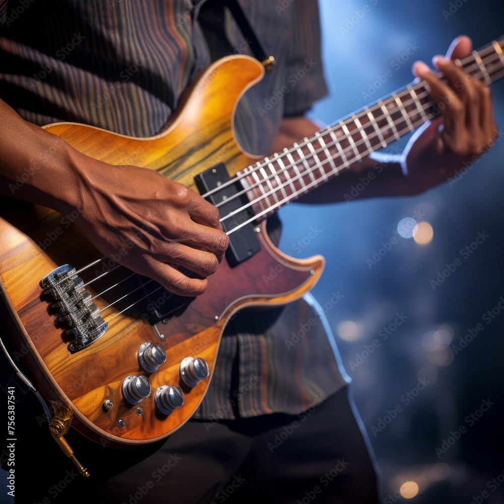 Obraz premium African American man playing bass guitar close up