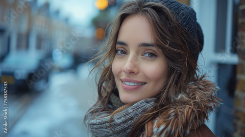 Woman in winter attire smiling gently on a city street.