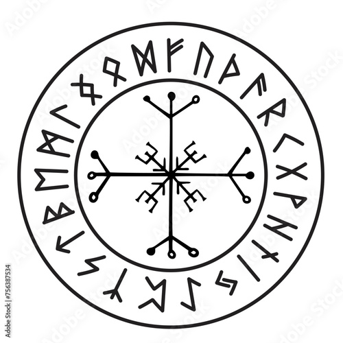 Rune circle Icelandic celtic viking talisman Navigation Compass, frame occult amulet, tribal norse writng isolated on white background.