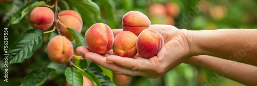 Hand holding fresh apricot with selection on blurred background, copy space available