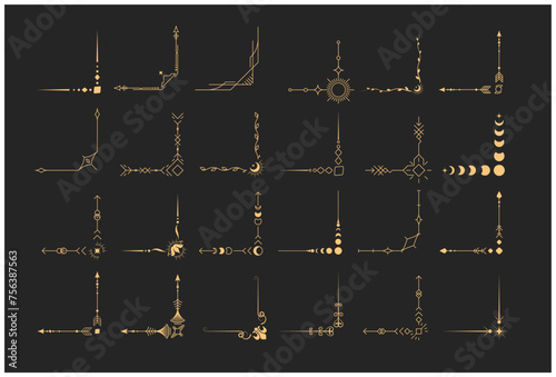 Mystical corners set, frames and borders in tarot style, magic and astrology decor, esoteric corner vignettes, vector