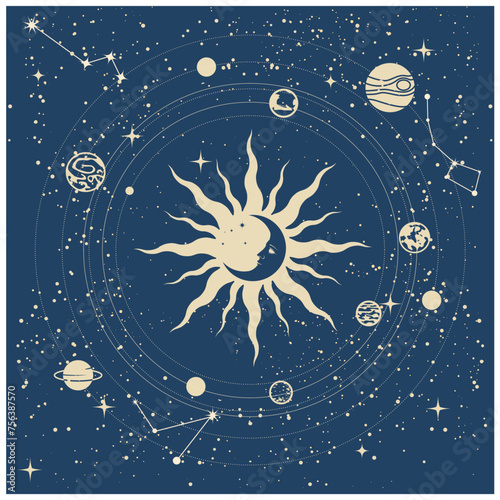 Magic universe, galaxy, orbiting planets around the sun, night sky, space and astrology sorcery, vector