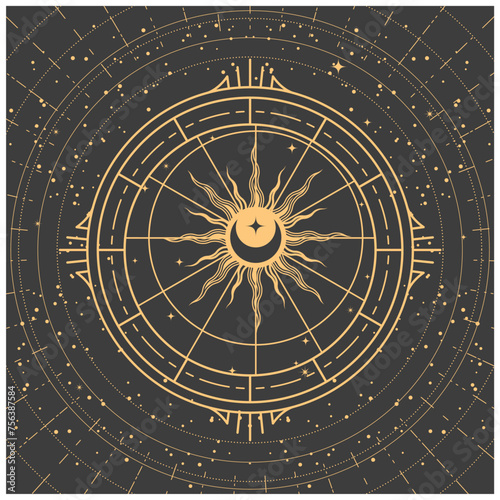 Esoteric compass, sun and moon inside ornamental frame, four corners of the earth, astrology mystic symbol in tarot style, vector photo