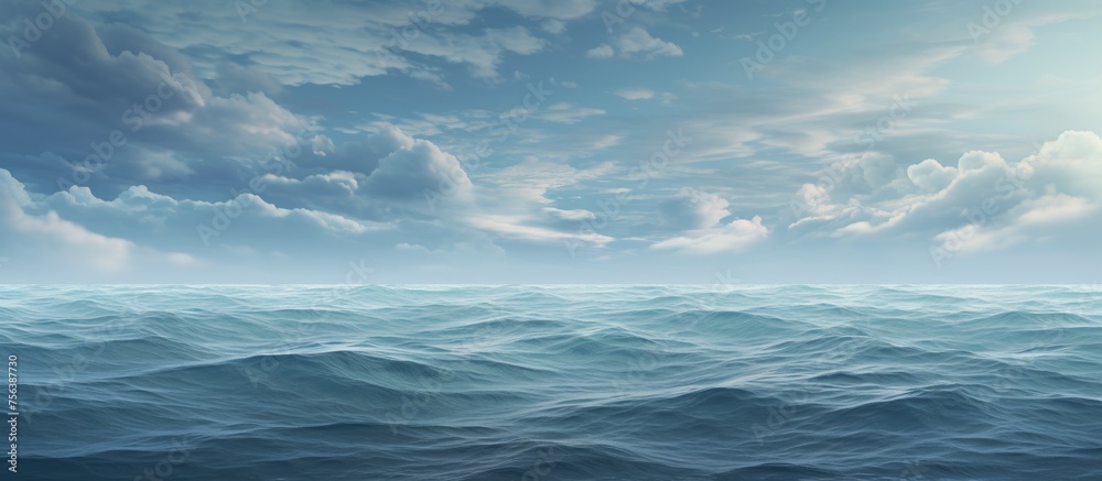 Electric blue sky with the sun shining through the clouds over the fluid water of the ocean, creating a beautiful pattern of wind waves on the horizon