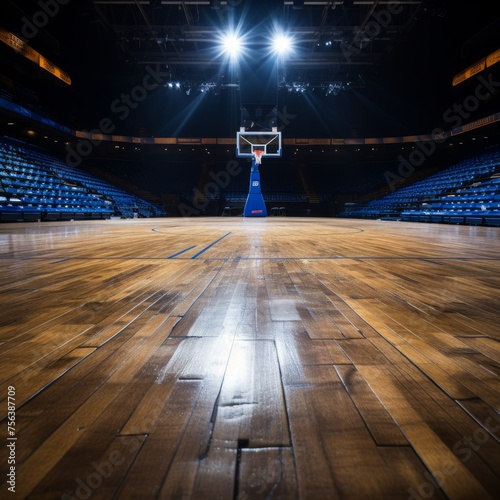 Basketball court with a single hoop and spotlights