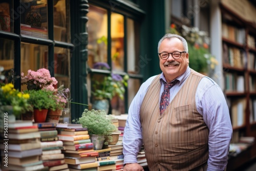 Smiling man with mustache and glasses standing in front of a bookstore