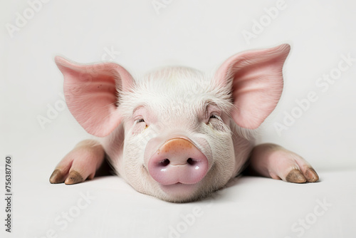 Cute pig is lying on floor. Farm animal portrait