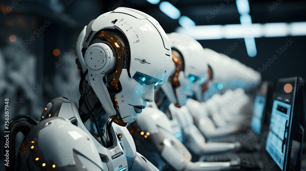Robots working at a computer in a call center Robots working at a computer in a call center